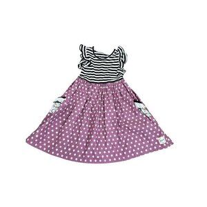 Girls Sleeveless Striped & Polka Dot Cat Print Dress With Lace Pockets